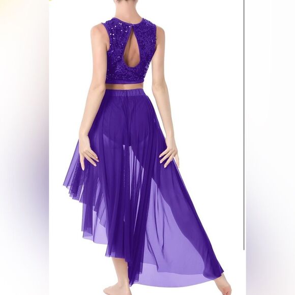 Women's Sequin Lace Floral Crop Top Asymmetrical Flowy Mesh Tulle Skirt SET NWT - Picture 2 of 7